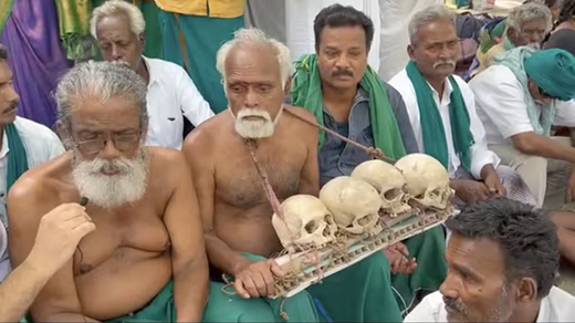 Tamil Nadu farmers protest over crop prices in Delhi with skulls, bones